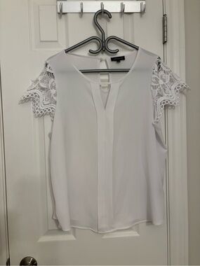 a new day White Lace Cold-Shoulder Blouse with Keyhole